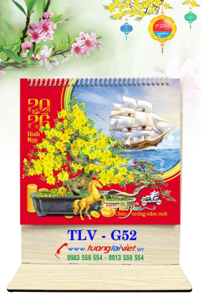 In Lịch để bàn đế gỗ Cây Cảnh Bonsai