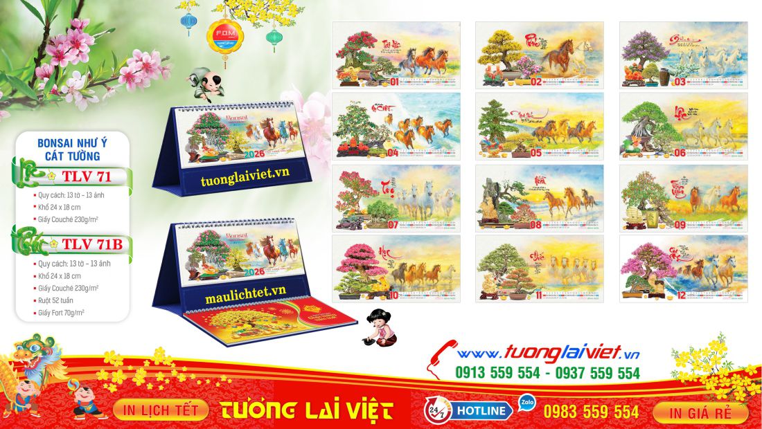 Lịch Để Bàn 13 Tờ Bonsai Tài Lộc