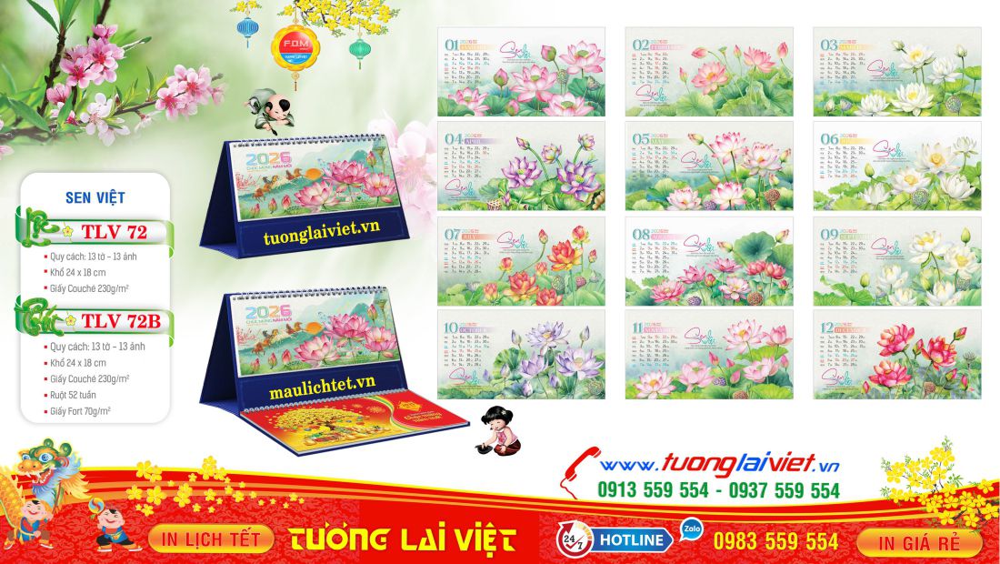 Lịch Để Bàn 13 Tờ Hoa Sen